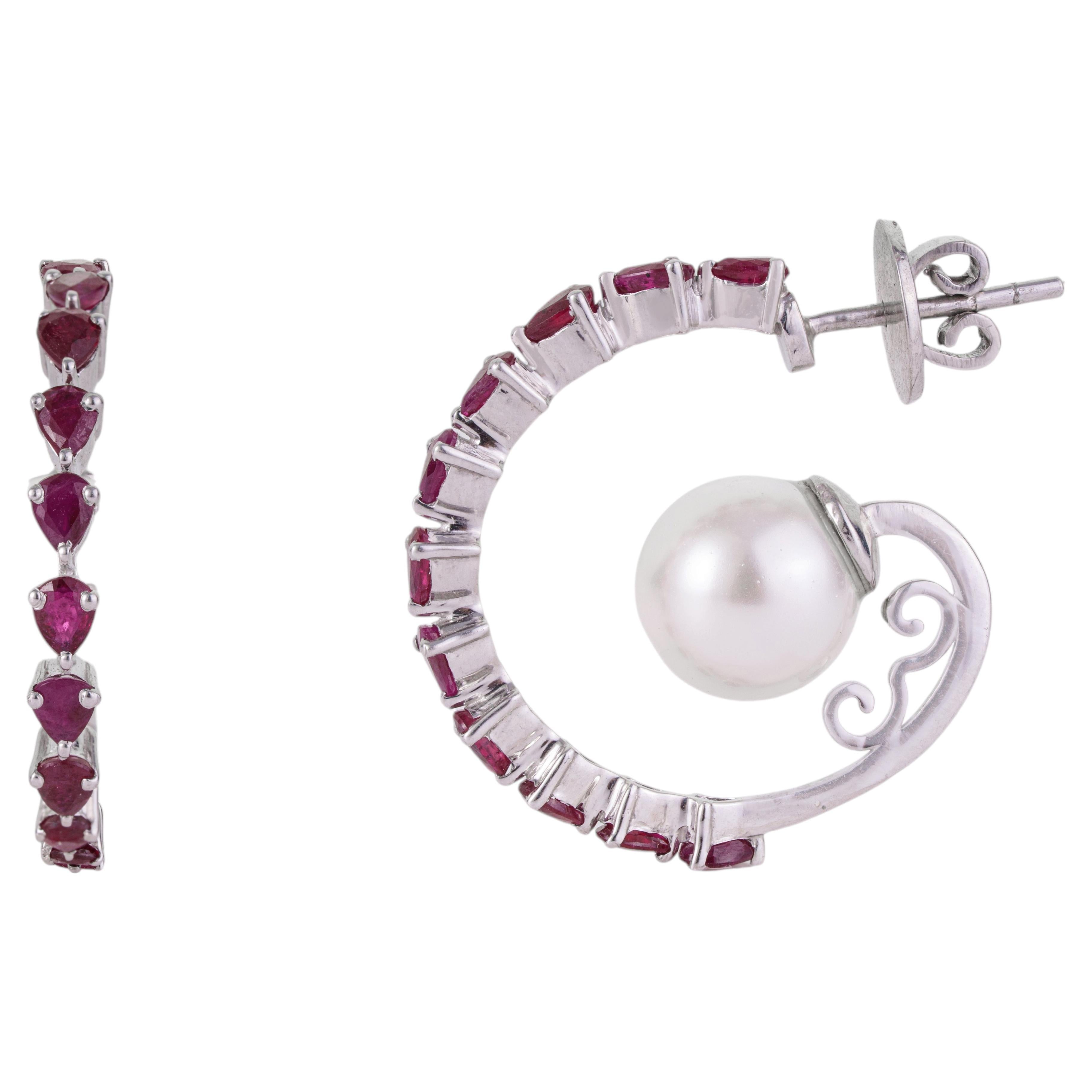 Silvorra Designer Pear Cut Ruby & Floating Pearl Sterling Silver C Hoop Earrings For Sale
