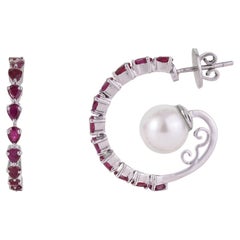 Silvorra Designer Pear Cut Ruby & Floating Pearl Sterling Silver C Hoop Earrings