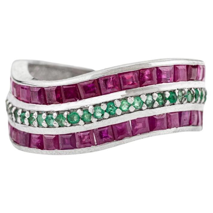 Silvorra Designer Triple-Row Ruby and Emerald Stones Patterned Band Ring for Her