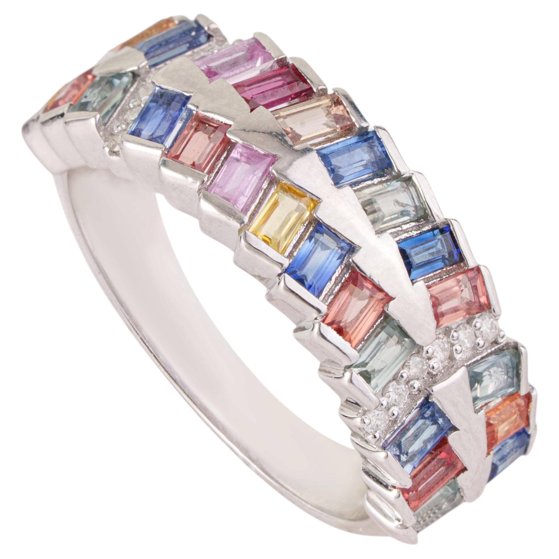 Silvorra Double Row Multisapphire & Diamond Geometric Band Ring in Solid Silver