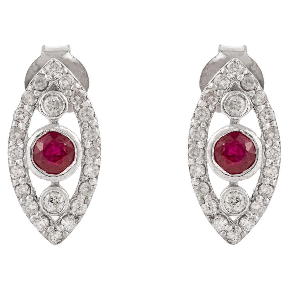 Silvorra Elegant Leaf Motif Pink Zircon with Diamond Halo Stud Silver Earrings For Sale