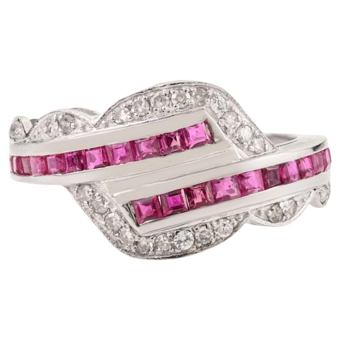 Silvorra Elegant Natural Ruby 
Diamond Crisscross Statement Ring in 925 Silver