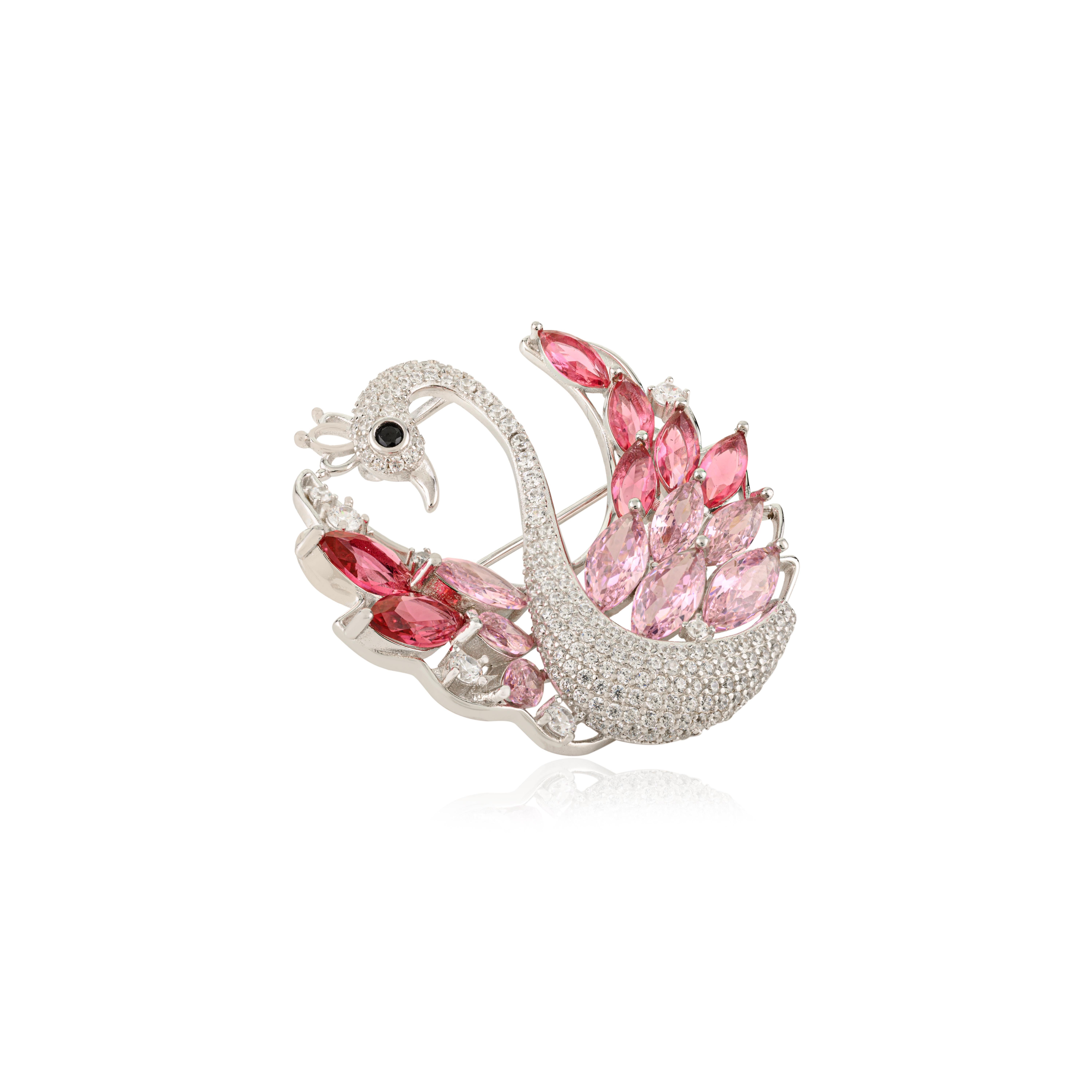 Silvorra Elegante Broche Colgante Cisne Plata 925 con Circonita Cúbica Rosa y Blanca Art Decó en venta