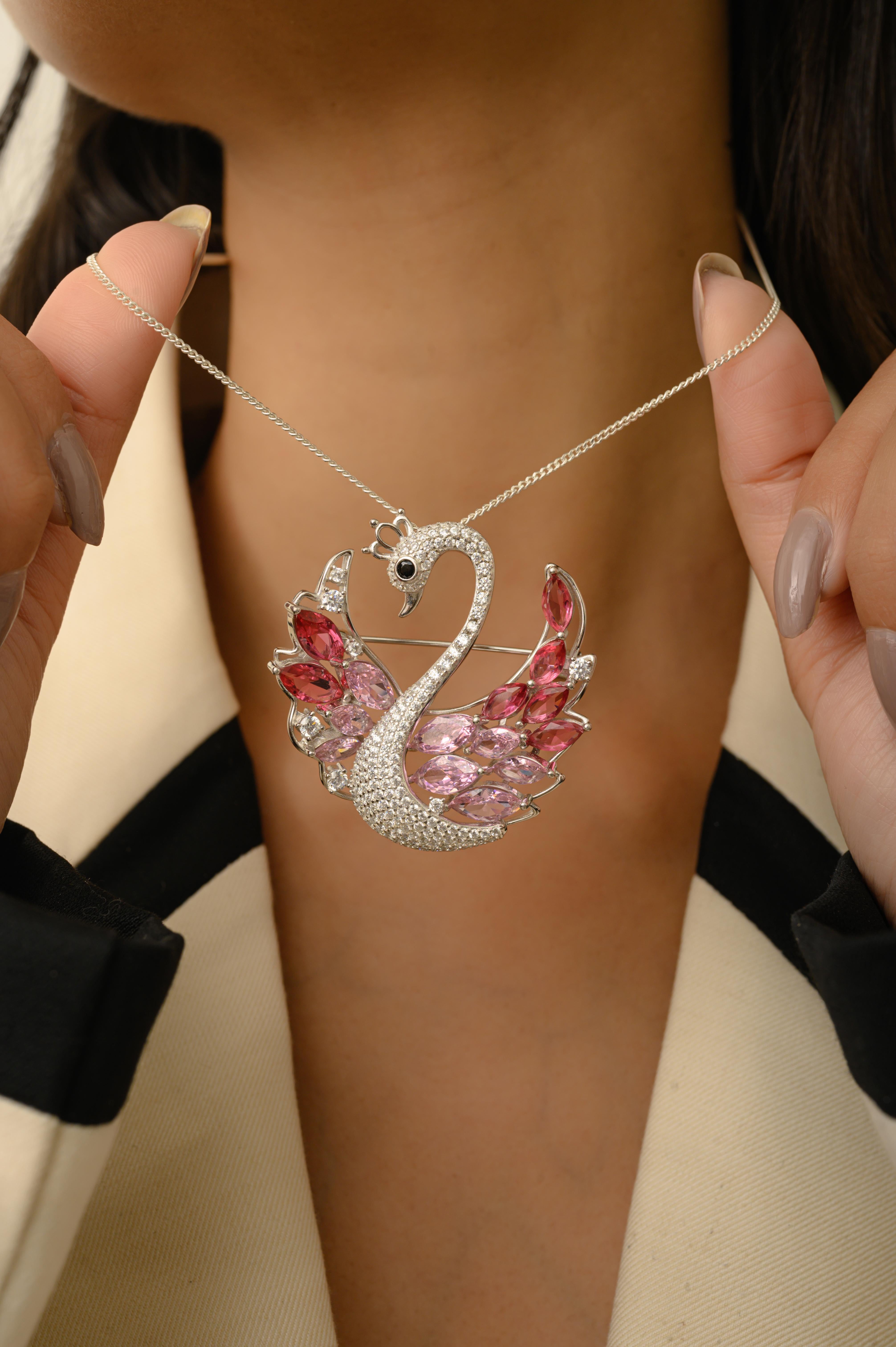 Silvorra Elegante Broche Colgante Cisne Plata 925 con Circonita Cúbica Rosa y Blanca Corte mixto en venta