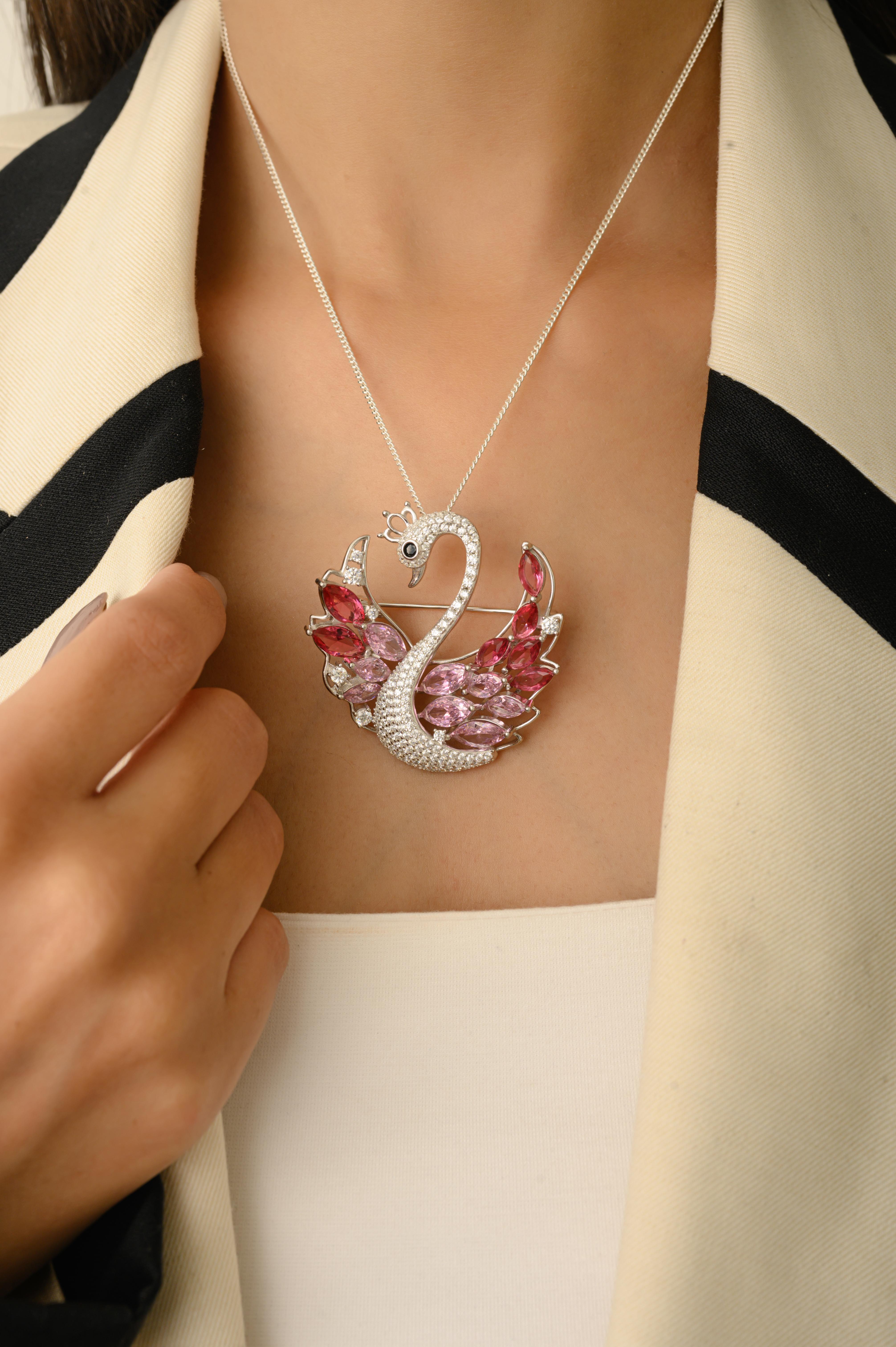Silvorra Elegante Broche Colgante Cisne Plata 925 con Circonita Cúbica Rosa y Blanca en venta 2