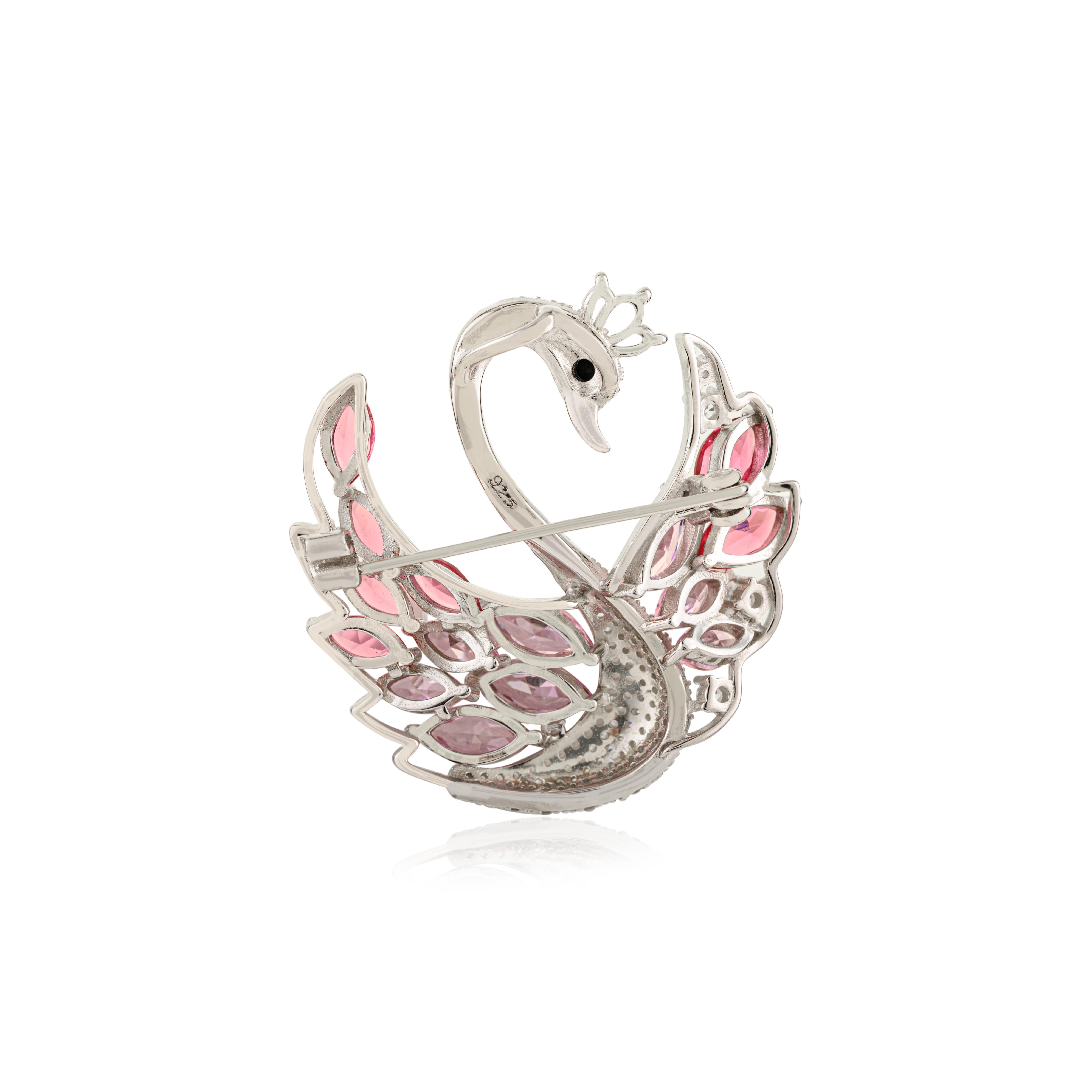 Silvorra Elegante Broche Colgante Cisne Plata 925 con Circonita Cúbica Rosa y Blanca en venta 3