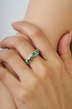 Silvorra Emerald and Diamond Bypass Cocktail Ring in 925 Silver Open Wrap Design