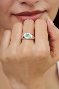Silvorra Emerald and Diamond Halo Signet Style Statement Ring in Sterling Silver