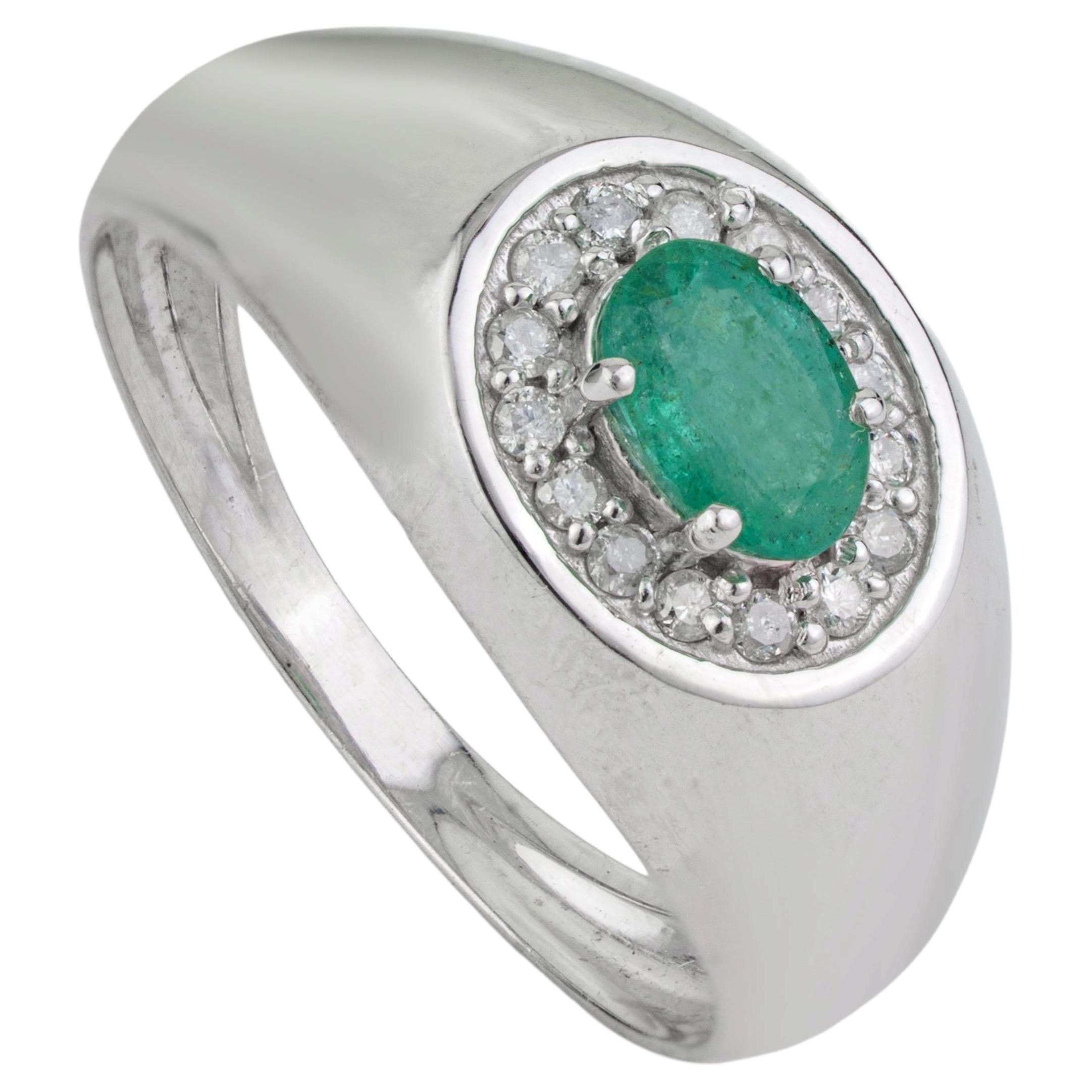 Silvorra Emerald and Diamond Halo Signet Style Statement Ring in Sterling Silver
