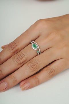 Silvorra Emerald and Diamond Halo Split Shank Bypass Ring in 925 Sterling Silver