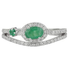 Silvorra Emerald and Diamond Halo Split Shank Bypass Ring in 925 Sterling Silver
