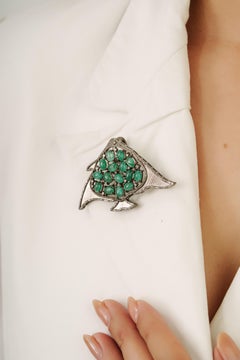 Silvorra Emerald and Diamond Manta Ray Statement Solid Silver Brooch Cum Pendant