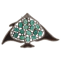 Silvorra Emerald and Diamond Manta Ray Statement Solid Silver Brooch Cum Pendant