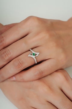 Silvorra Emerald and Diamond Pavé Crossover Bypass Swirl Ring in Sterling Silver