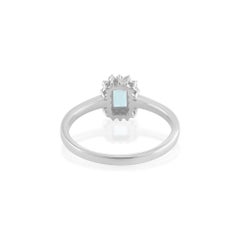 Silvorra Emerald Cut Aquamarine & Halo Diamond Engagement Ring Sterling Silver