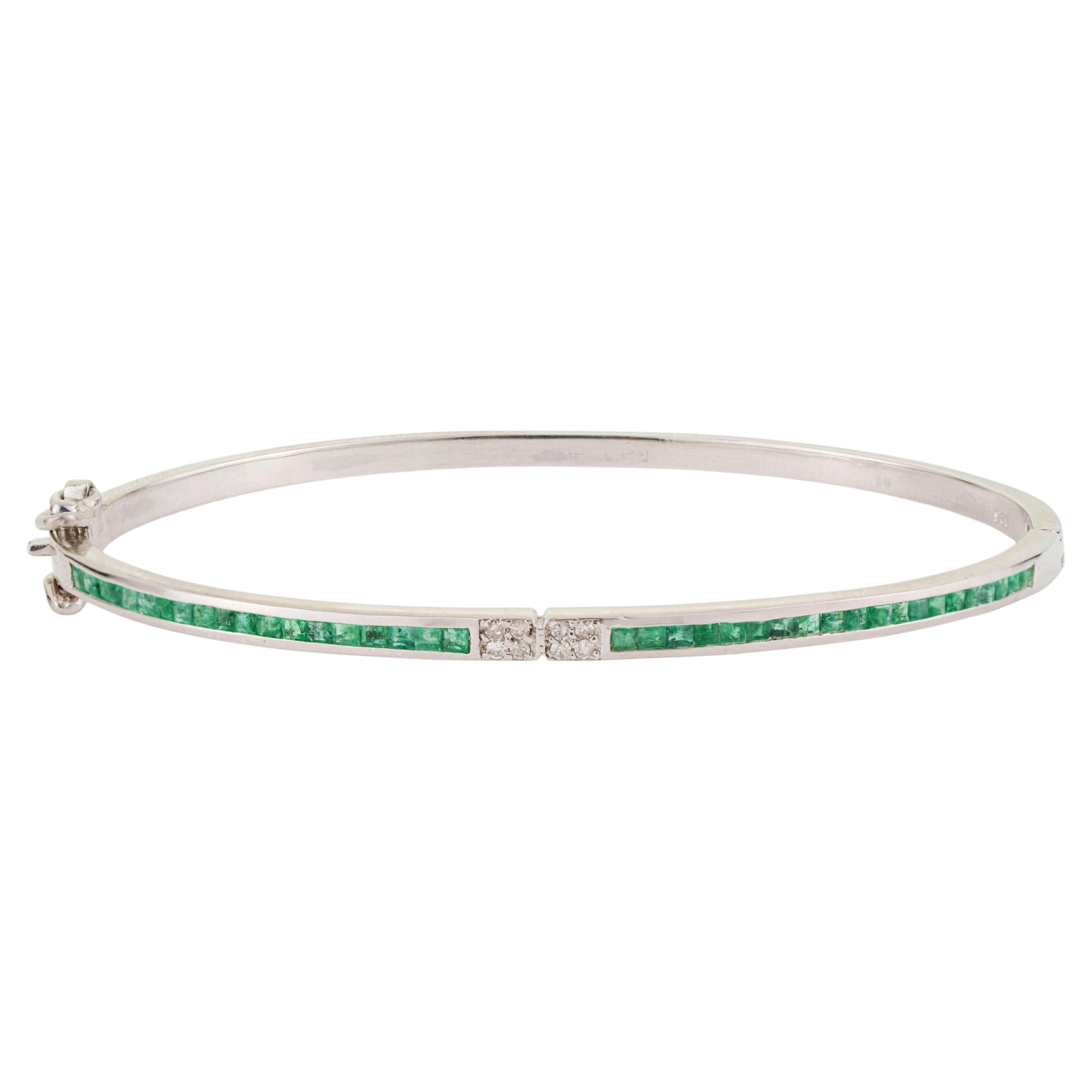 Silvorra Emerald & Diamond Stackable Channel Set Bangle Bracelet in 925 Silver For Sale