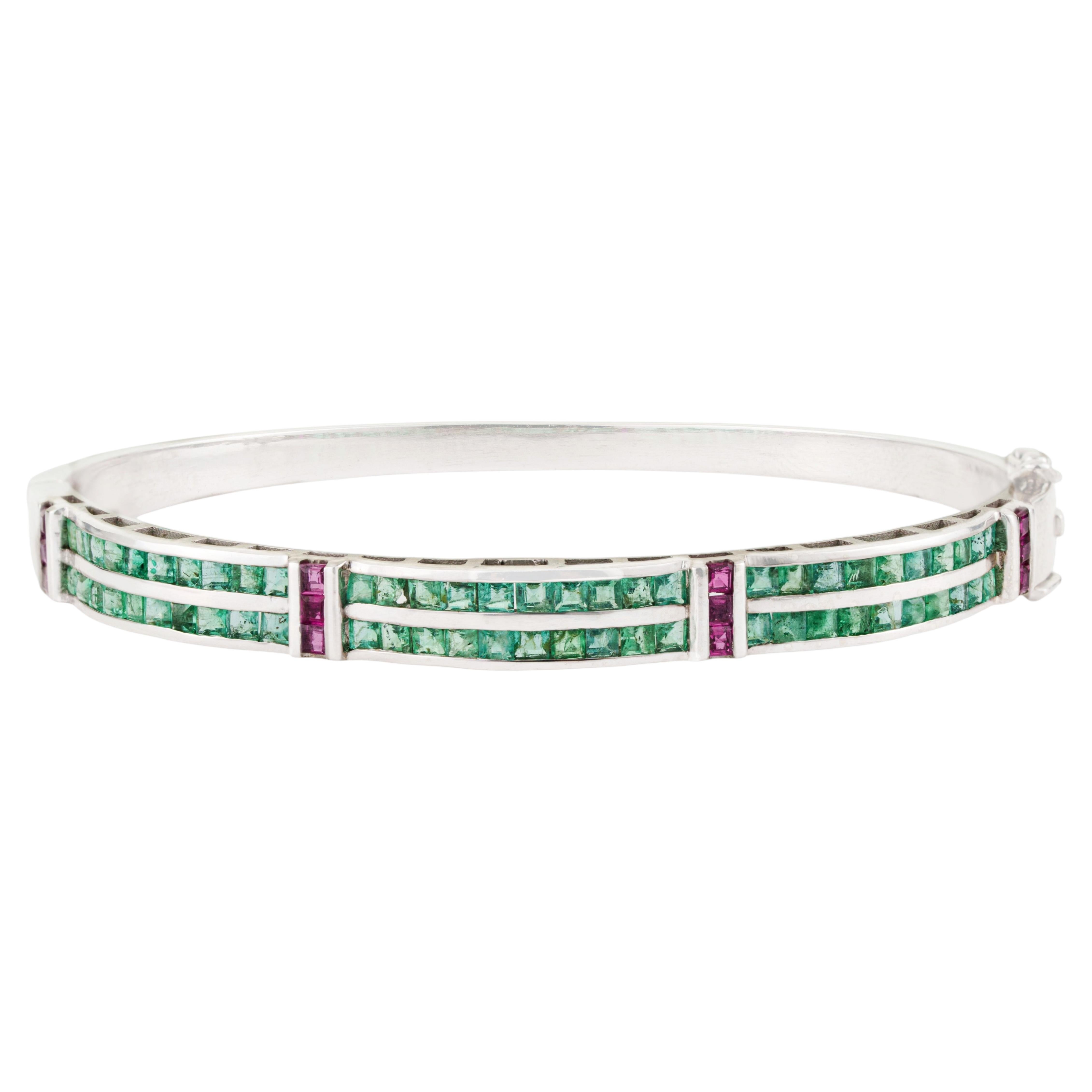 Silvorra Emerald & Ruby Channel Set Double Row Hinged Bangle Bracelet 925 Silver