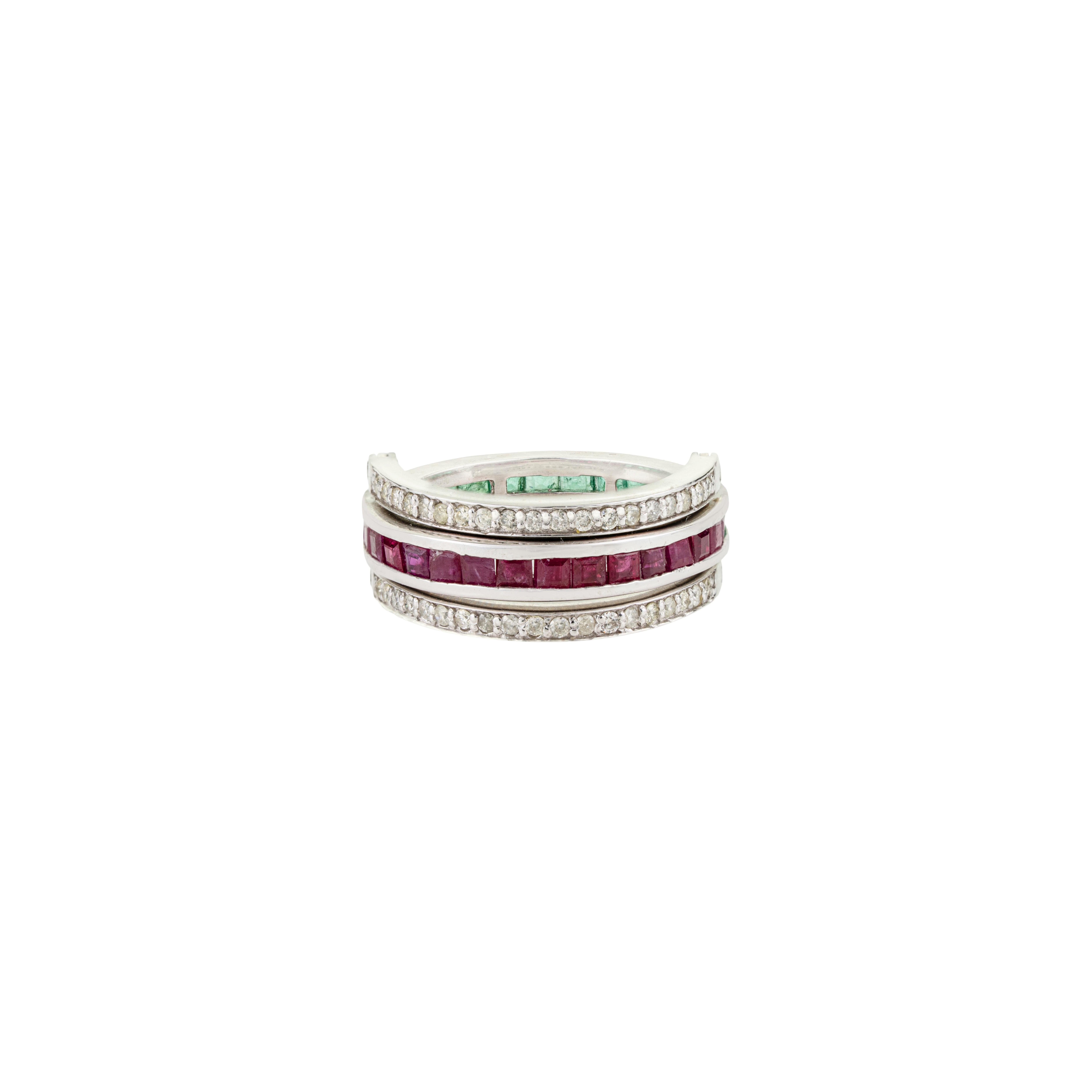 A Silver, bague éternelle en argent 925 avec émeraude, rubis et diamant.