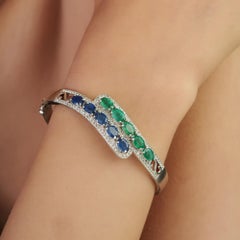 Silvorra Emerald & Sapphire Hinged Bangle with White Topaz in Sterling Silver