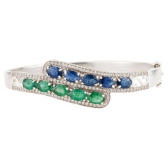 Silvorra Emerald & Sapphire Hinged Bangle with White Topaz in Sterling Silver