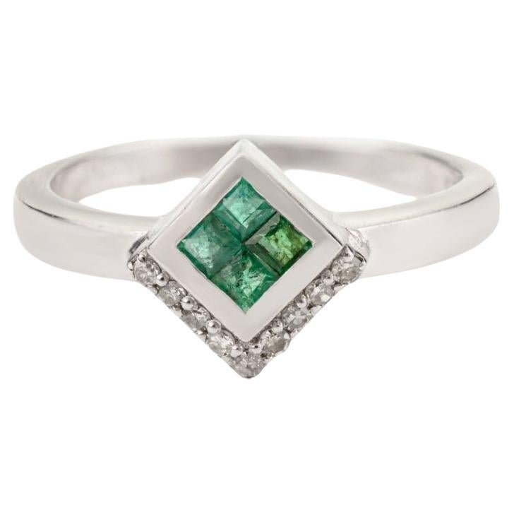 For Sale:  Silvorra Emerald Square Cluster Promise Ring in Sparkling Diamonds Jewelry Gifts