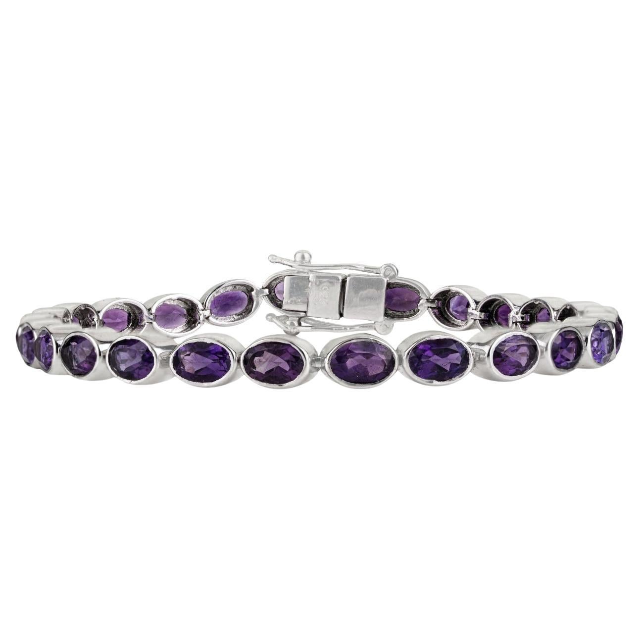 Silvorra Exquisite 11.72 CTW Natural Amethyst Oval Silver Tennis Women Bracelet For Sale