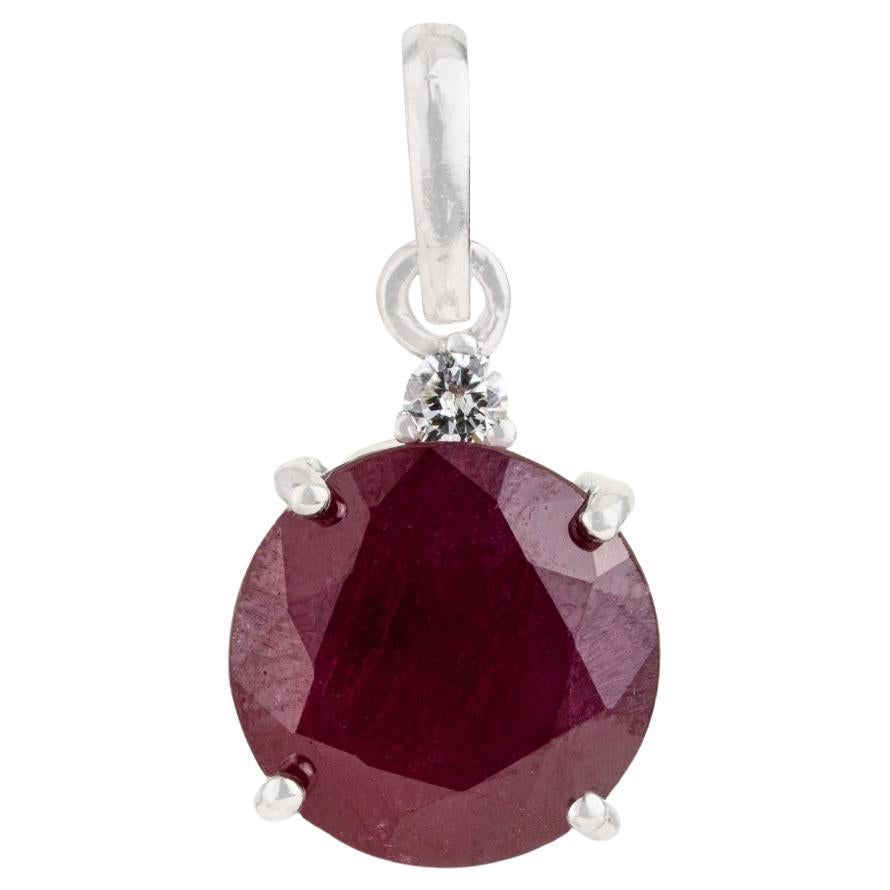 Silvorra Fine 11 mm Round Ruby and Diamond Drop Solitaire Pendant in 925 Silver For Sale