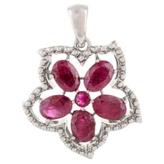 Silvorra Five-Petal Natural Ruby & Zircon Halo Floral Sterling Silver Pendant