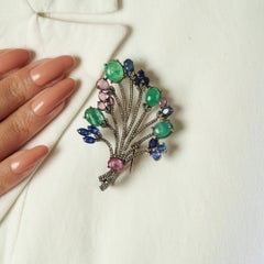 Silvorra Floral Bouquet Emerald Sapphire Tourmaline Brooch Pendant with Diamonds