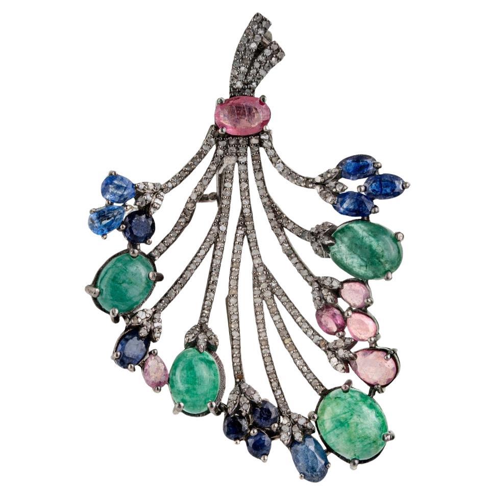 Silvorra Floral Bouquet Emerald Sapphire Tourmaline Brooch Pendant with Diamonds For Sale
