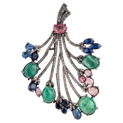 Silvorra Floral Bouquet Emerald Sapphire Tourmaline Brooch Pendant with Diamonds