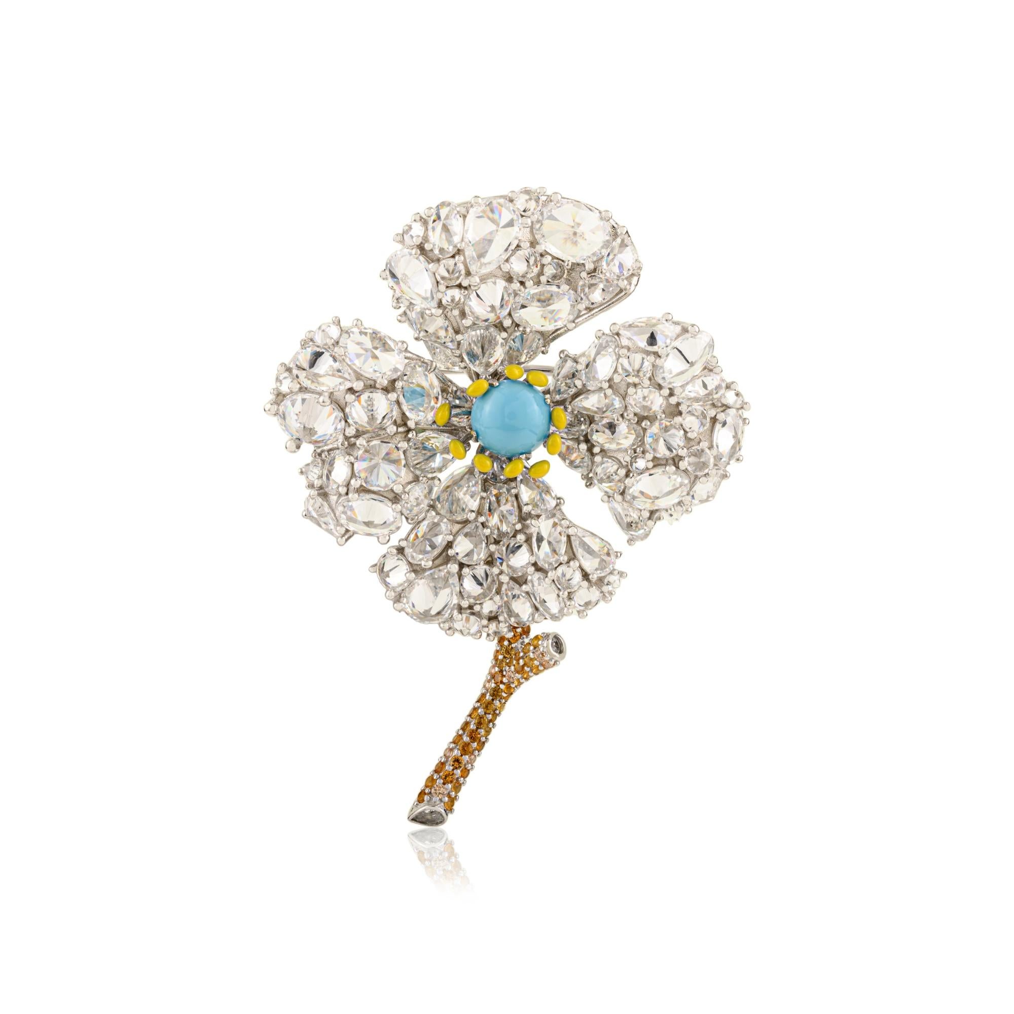 Silvorra Floral Brosche Anhänger in 925 Silber mit Türkis und weißem Zirkon im Angebot