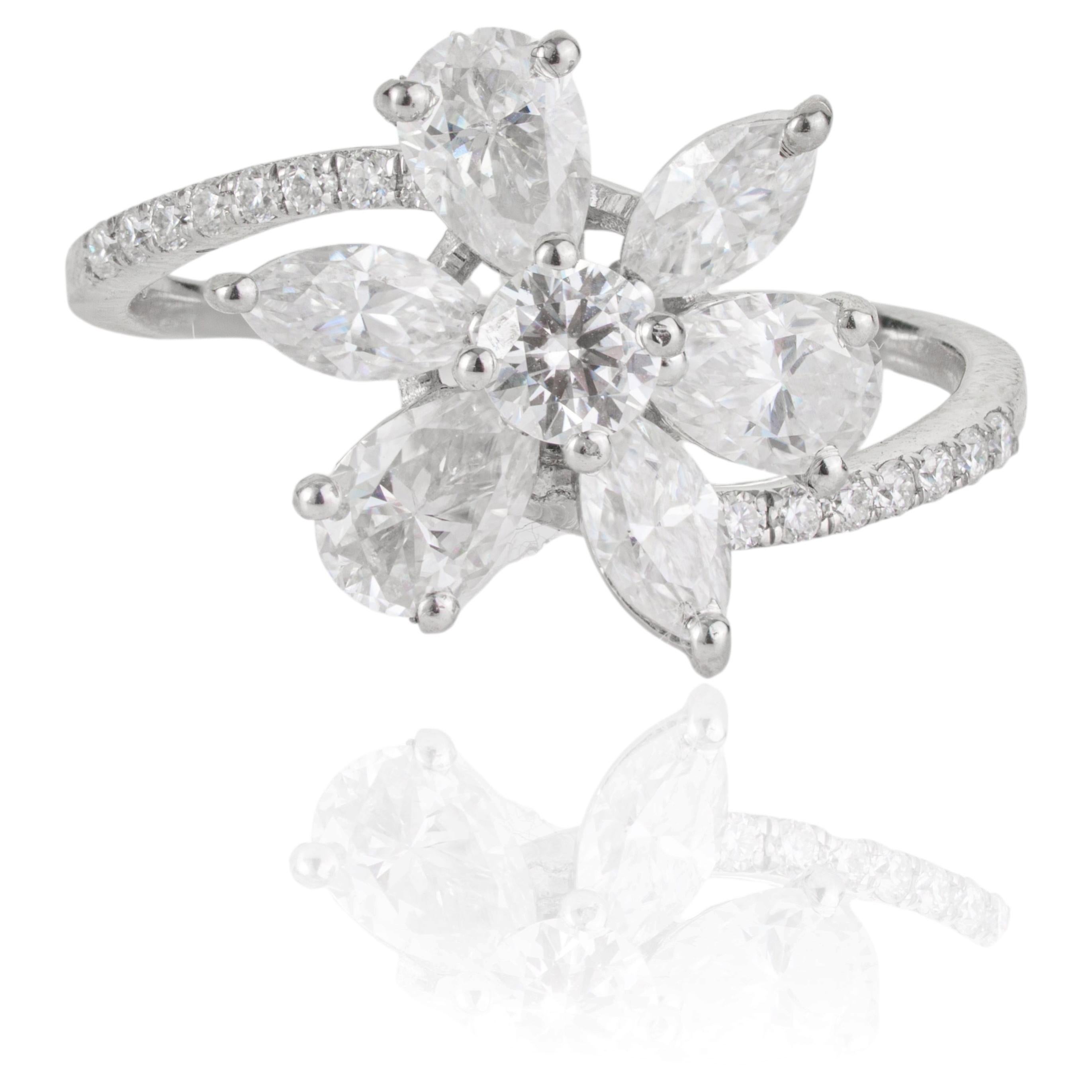 Silvorra Floral Cluster Moissanite Split Shank Ring in Solid Silver Fine Jewelry