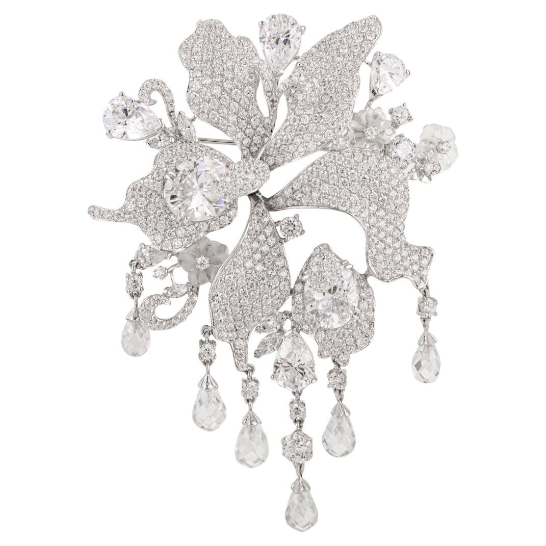 Pendentif broche convertible en argent 925 avec zircons blancs Silvorra Floral en vente