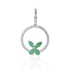 Silvorra Floral Marquise Emerald & Diamond Open Circle 925 Silver Charm Pendant