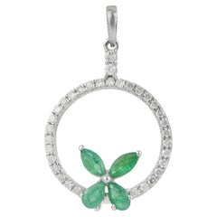 Silvorra Floral Marquise Emerald & Diamond Open Circle 925 Silver Charm Pendant