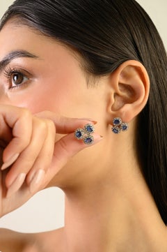 Silvorra Floral Motif Sapphire & Halo Diamond Silver Studs for Valentine Gift