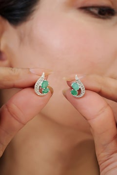 Silvorra Flowing Leaf Emerald & Diamond Curved Stud Earrings in Sterling Silver