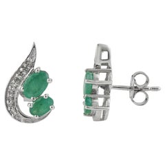 Silvorra Flowing Leaf Emerald & Diamond Curved Stud Earrings in Sterling Silver