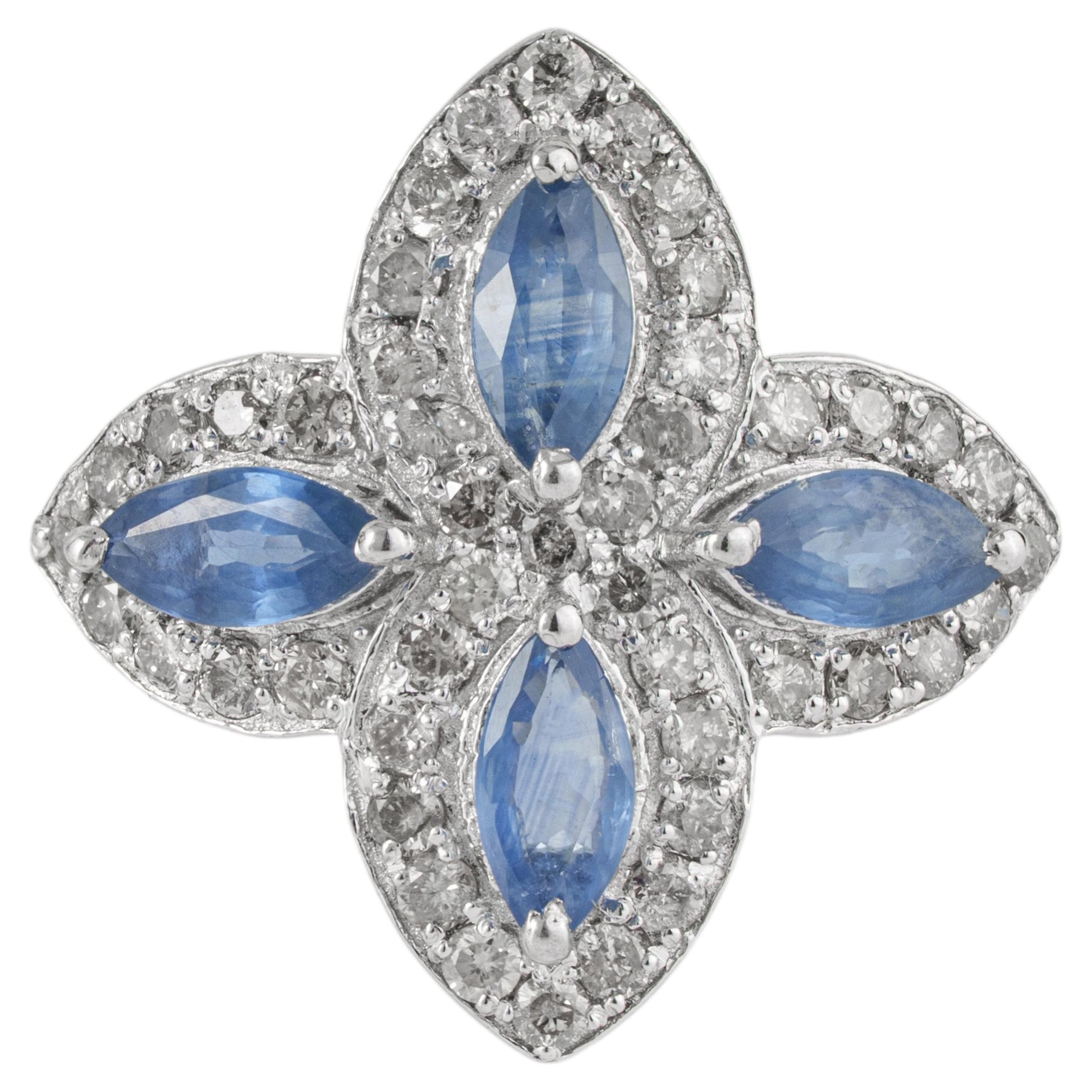For Sale:  Silvorra Four Stone Blue Sapphire & Diamond Quaterfoil Statement Ring 925 Silver