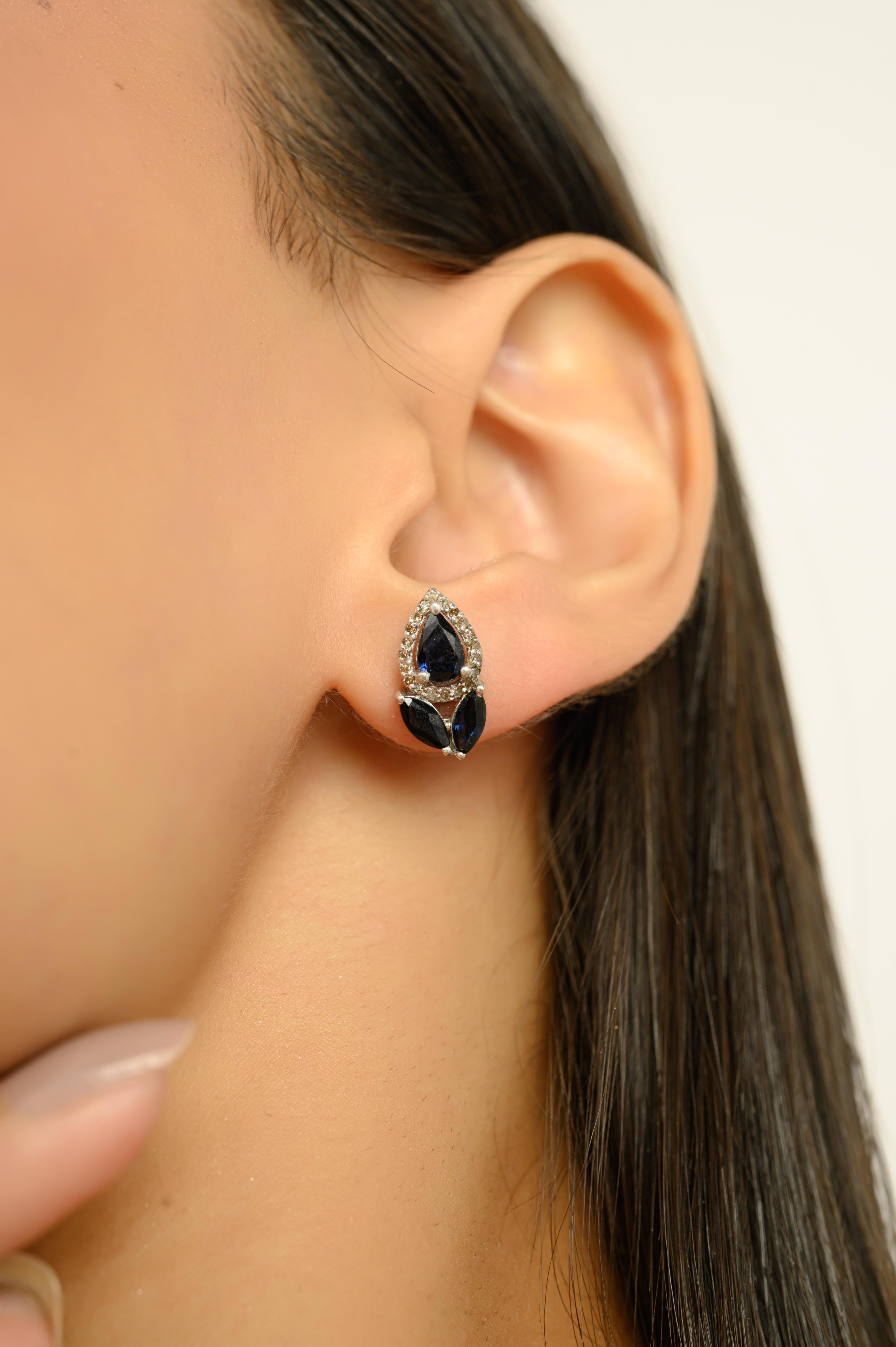 Donna Orecchini a goccia in argento 925 con zaffiro blu e diamante autentico da 2,2 carati di Silvorra in vendita