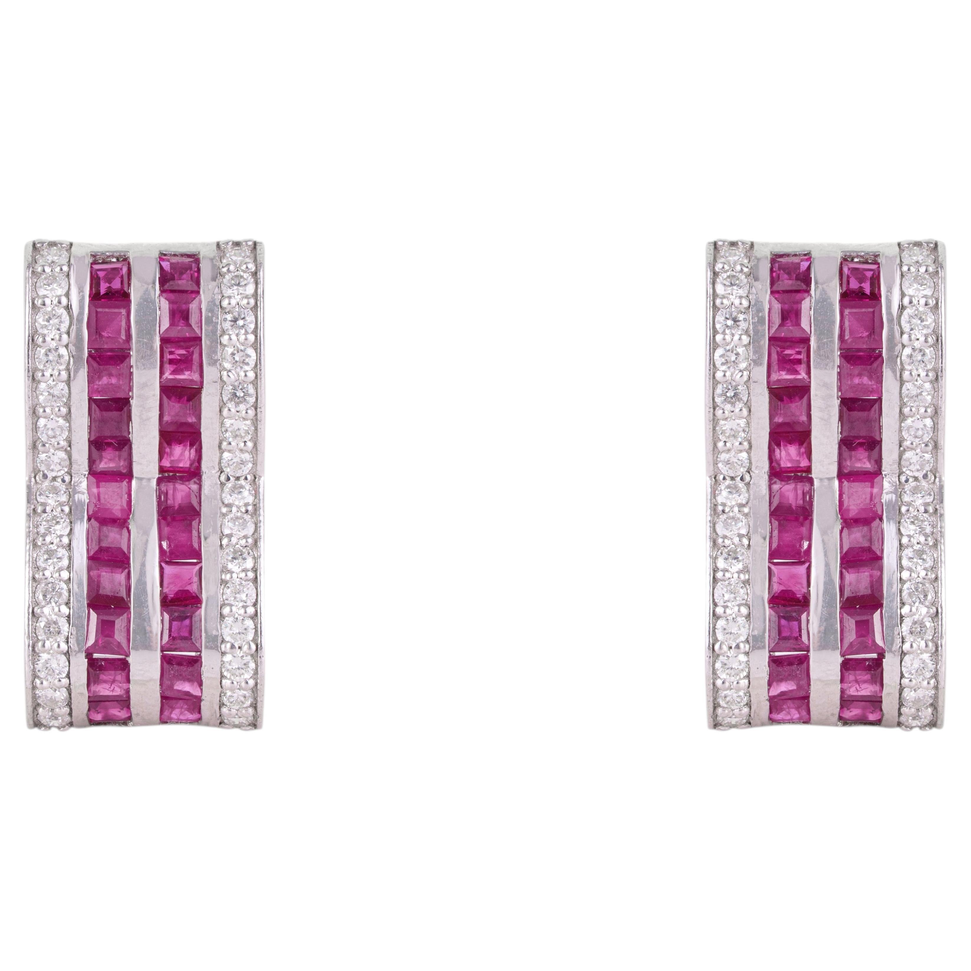 Silvorra Geometric 3.34ct Ruby & Diamond Hoop Earrings Channel Set in 925 Silver
