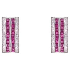 Silvorra Geometric 3.34ct Ruby & Diamond Hoop Earrings Channel Set in 925 Silver