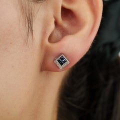 Silvorra Geometric Deep Blue Sapphire & Diamond Stud Earrings in Sterling Silver