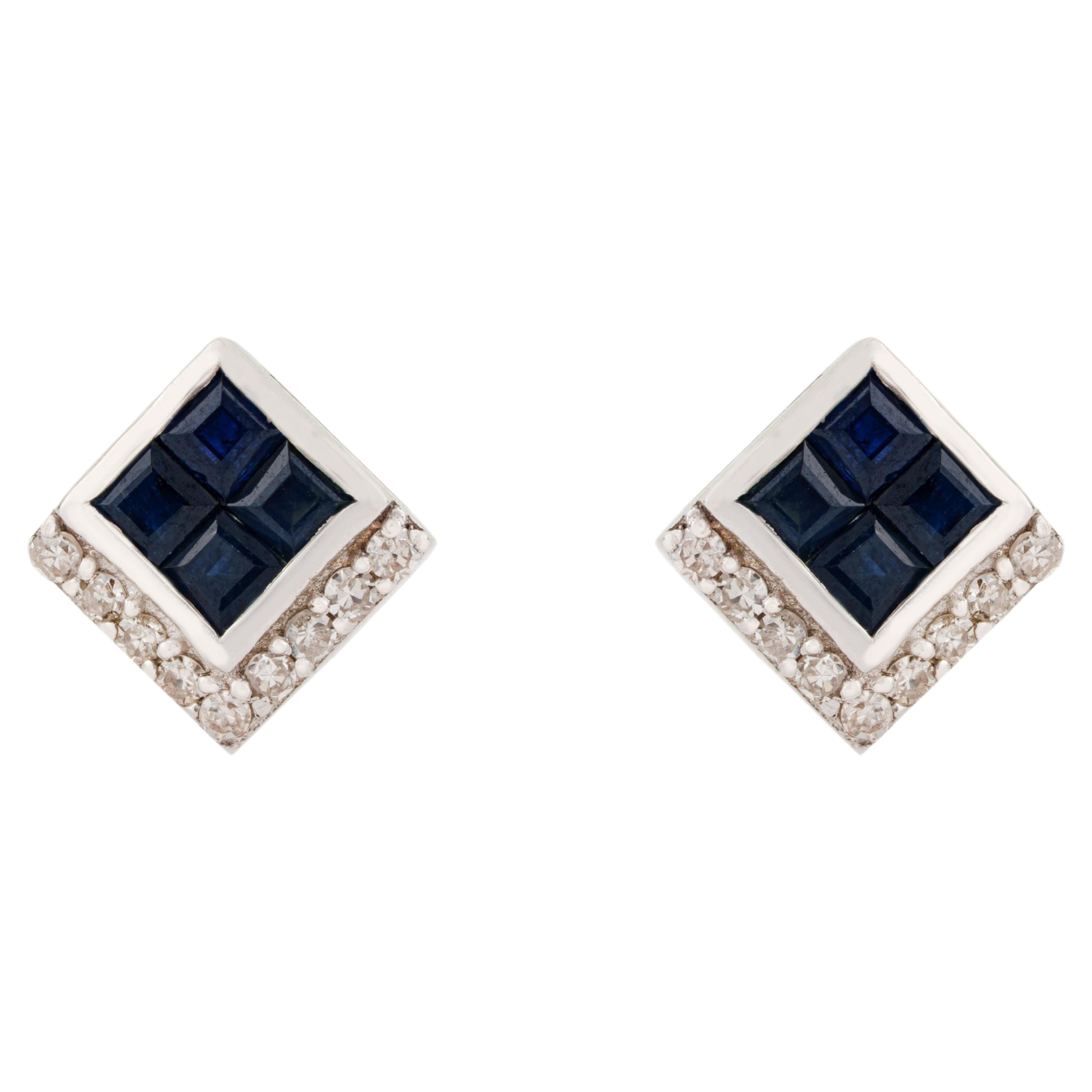 Silvorra Geometric Deep Blue Sapphire & Diamond Stud Earrings in Sterling Silver