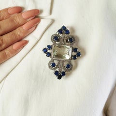 Silvorra Geometric Green Amethyst & Sapphire Silver Brooch Pendant with Diamonds