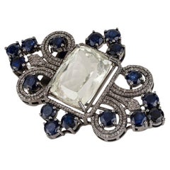 Silvorra Geometric Green Amethyst & Sapphire Silver Brooch Pendant with Diamonds