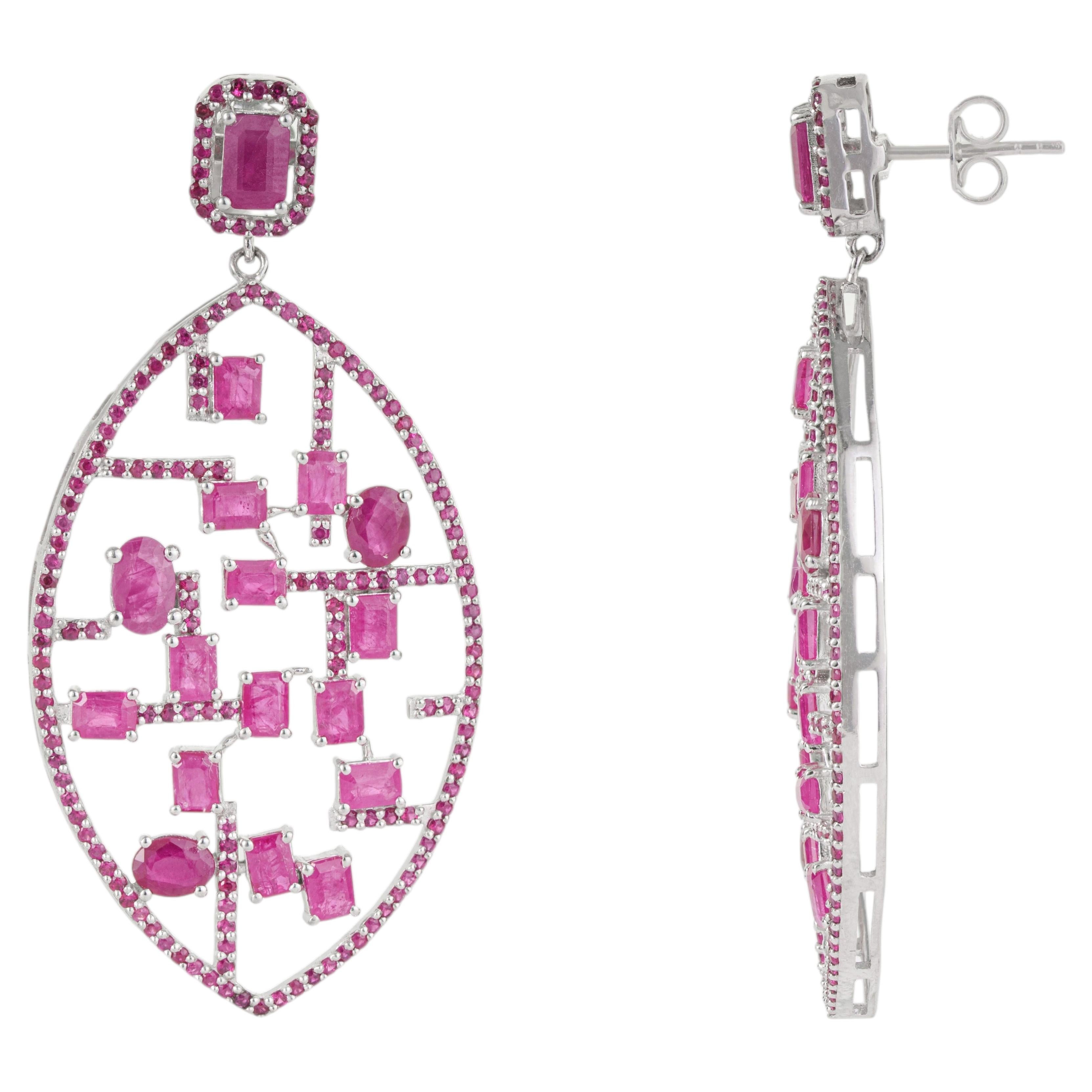 Silvorra Geometric Ruby Gemstone Openwork Lattice Drop Earrings in 925 Silver