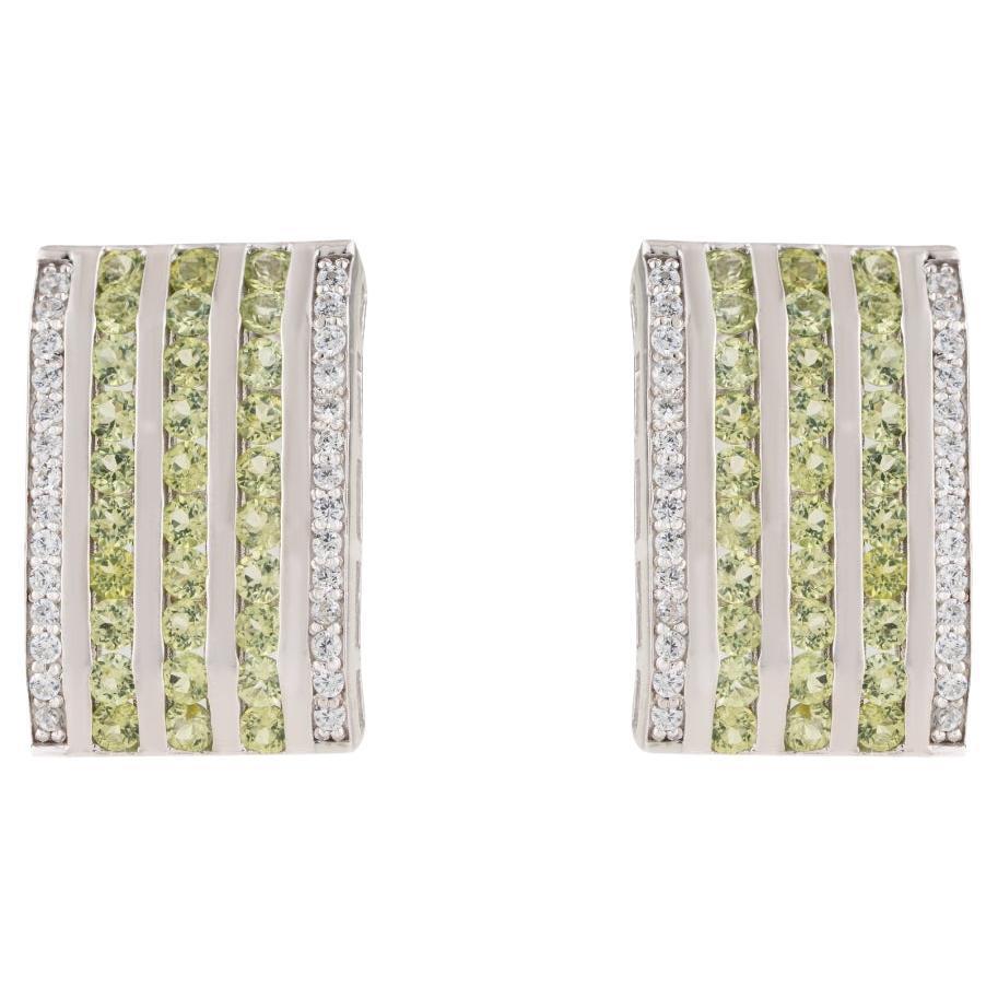 Silvorra Geometric Silver Multi-Band Peridot Zircon Wide Bar Half Hoop Earrings For Sale