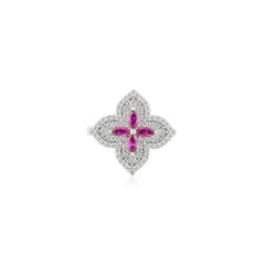 Silvorra Glamorous 925 Silver Four Petal Flower Ring with Pink & White CZ